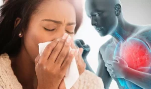 Une femme qui soufre de l'asthme à coté du négatif d'un être humain avec les poumons rouges
